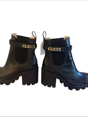 GUCCI - authentic Horsebit Lug Sole Chelsea Ankle Boots Black Leather EU 41 Auth